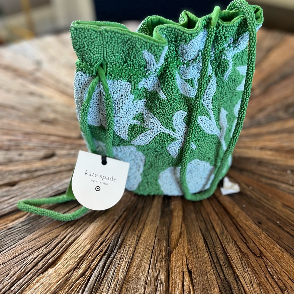 kate spade NWT green and white beaded floral drawstring pouch